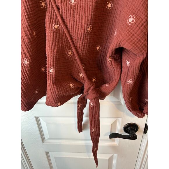 Madewell Brown and Light Pink with Embroidery, Wrap Top, Slub Cotton - Picture 3 of 9